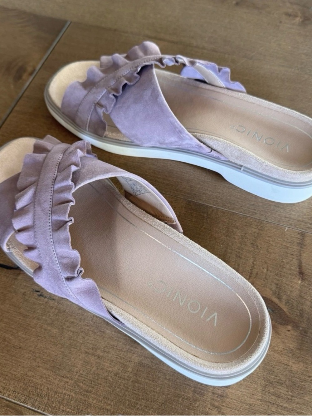 Vionic Azalea Ruffle Slide Sandals Pink Mauve Suede Comfort Size 6.5 NWOB - Picture 6 of 10